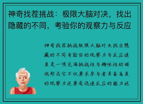 神奇找茬挑战：极限大脑对决，找出隐藏的不同，考验你的观察力与反应速度